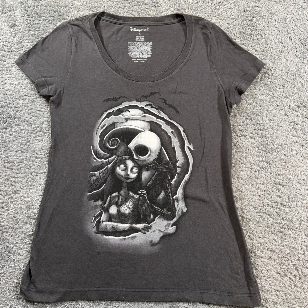 Disney Store Nightmare Before Christmas Jack Sally T Shirt Small Gray Scoop Neck